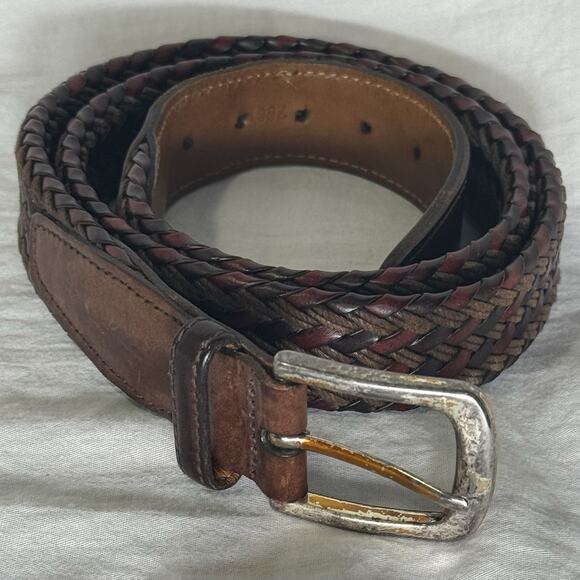 Vintage Lands’ End Brown&Burgundy Braided Leather Belt Solid Brass Buckle SZ 36 - Picture 1 of 11